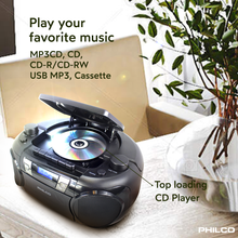 Load image into Gallery viewer, Philco PJC7000BT Bluetooth CD Boombox with Cassette, MP3 CD USB Playback The Ultimate Retro Music Combo with Best in Class Sound Performance, 12 watts, and Telescopic FM Antenna Provides Maximum Radio Reception
