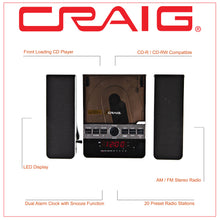 Load image into Gallery viewer, Craig CM427 3-Piece Vertical CD Stereo Shelf System with AM/FM and Remote in Black
