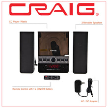 Load image into Gallery viewer, Craig CM427 3-Piece Vertical CD Stereo Shelf System with AM/FM and Remote in Black
