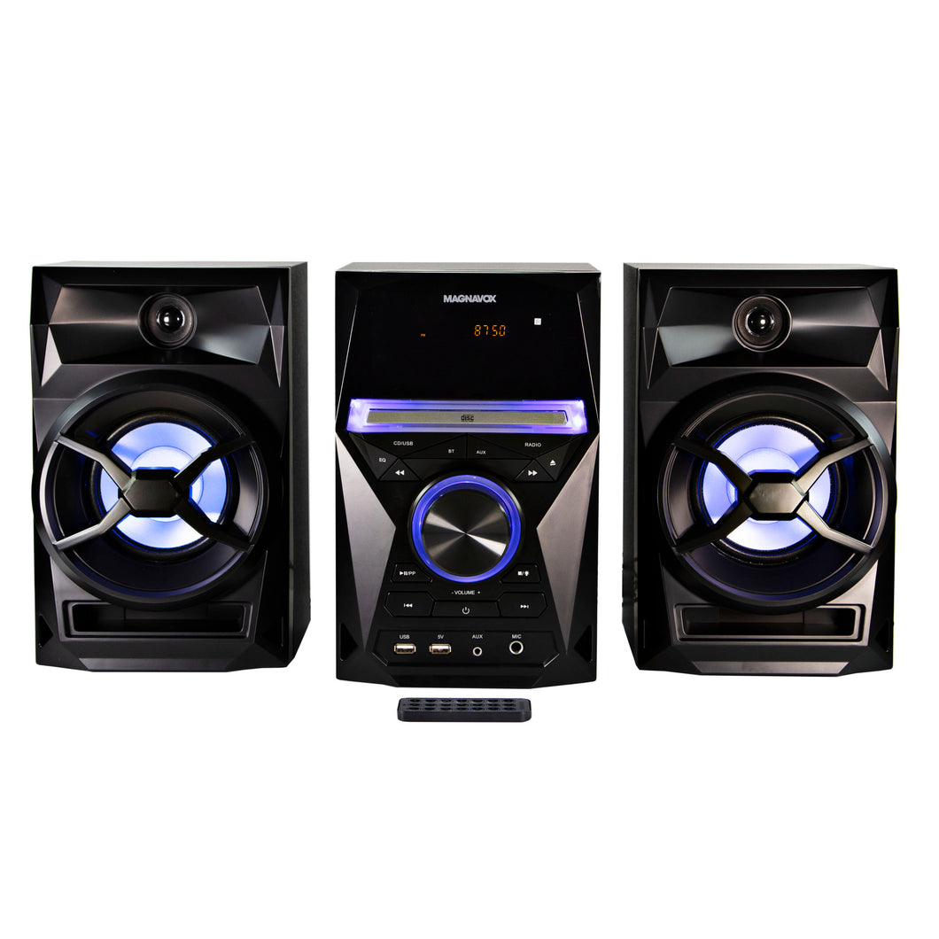 Magnavox MM441 CD Shelf System with FM Radio, Bluetooth, Blue Speaker Lights and Remote in Black