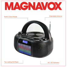 Load image into Gallery viewer, Magnavox MD6972 CD Boombox with AM/FM Radio, Color Changing Lights and Bluetooth in Black
