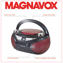 Load image into Gallery viewer, Magnavox MD6949 Portable CD Boombox with AM/FM Radio and Bluetooth in Red and Black
