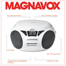 Load image into Gallery viewer, Magnavox MD6924-WH Portable Top Loading CD Boombox with AM/FM Radio in White/Black
