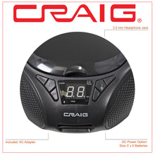 Load image into Gallery viewer, Craig CD6925BT-BK Portable Top-Loading Stereo CD Boombox with AM/FM Stereo Radio and Bluetooth Wireless Technology in Black | LED Display | Programmable CD Player | CD-R/CD-W Compatible | AUX in Port
