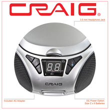 Load image into Gallery viewer, Craig CD6925BT-SL Portable Top-Loading Stereo CD Boombox with AM/FM Stereo Radio and Bluetooth Wireless Technology in Silver | LED Display | Programmable CD Player | CD-R/CD-W Compatible | AUX in Port |
